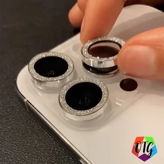 แหวนโลหะ ป้องกันเลนส์กล้อง for iPhone 11 15 14 12 13 Pro Max 16 pro 14 plus เลนส์ฟิล์ม ประดับกลิตเตอร์ พร้อมกระจกนิรภัย