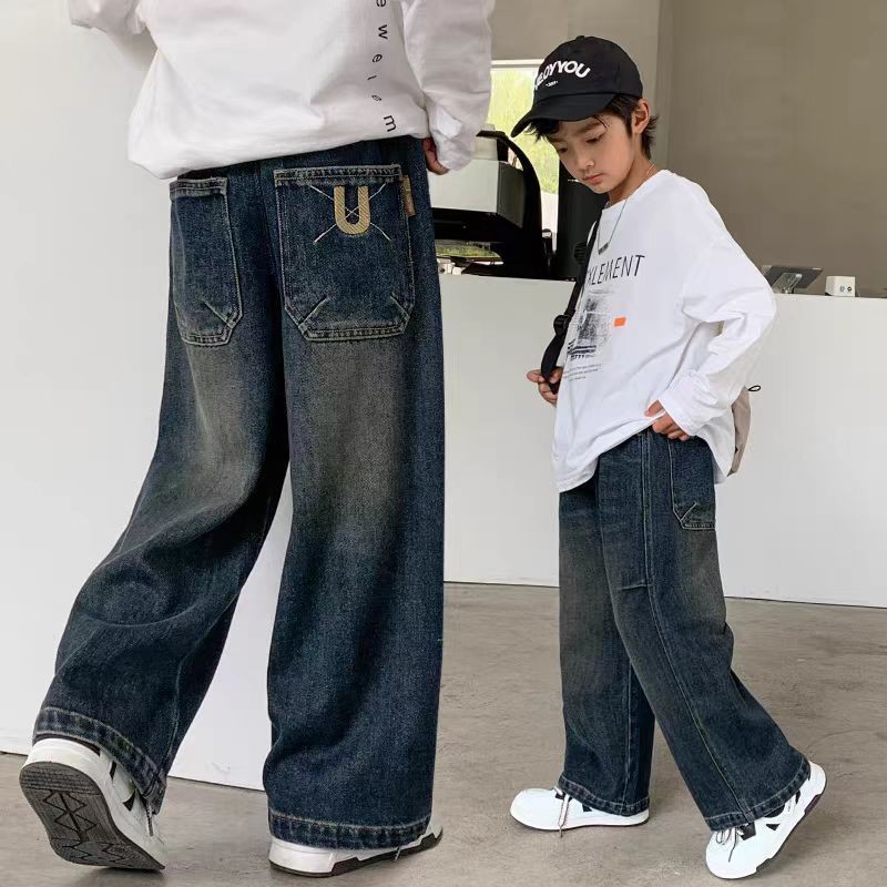 กางเกงยีนส์เด็กผู้ชายฤดูใบไม้ผลิฤดูใบไม้ร่วงสไตล์สไตล์ใหม่ขนาดกลางขนาดใหญ่เด็กหลวมตรงกางเกงเด็กฤดูใบไม้ร่วงทอดถนนเด็ก