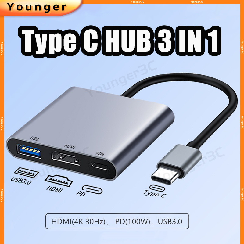 3 In 1 USB C Digital AV Multi Port Adapter, USB Hub Type C ถึง USB 3.0/HDMI/Type C Female Charger Co