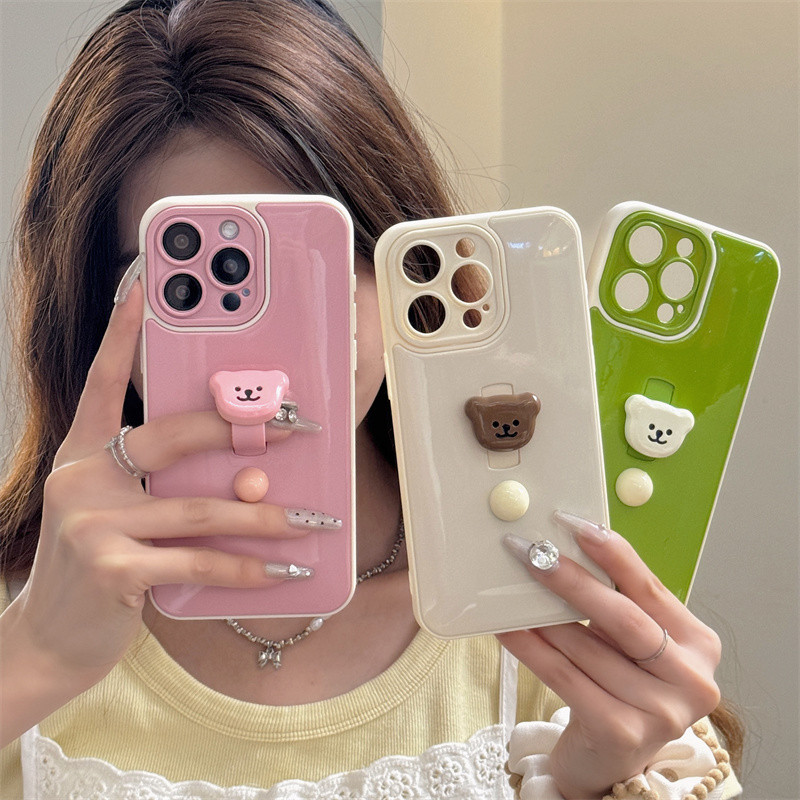 High-end 3D หมีน่ารักที่มองไม่เห็นสายรัดข้อมือสําหรับ iPhone 13 12 11 16 Pro Max 14 Pro Max 16 15promax หรูหรากันกระแทกซิลิโคนอ่อนนุ่มปกหลัง