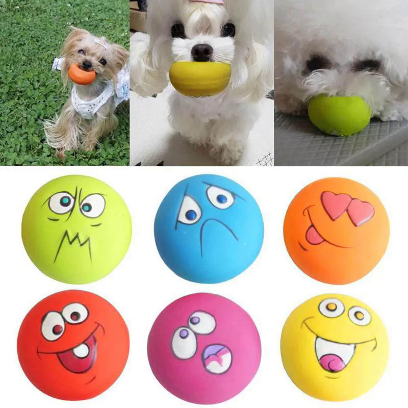 Rubber Dog Toys Pet Play Squeaky Ball Chewing Toy with Face Fetch Bright Balls Dog Supplies Puppy Po