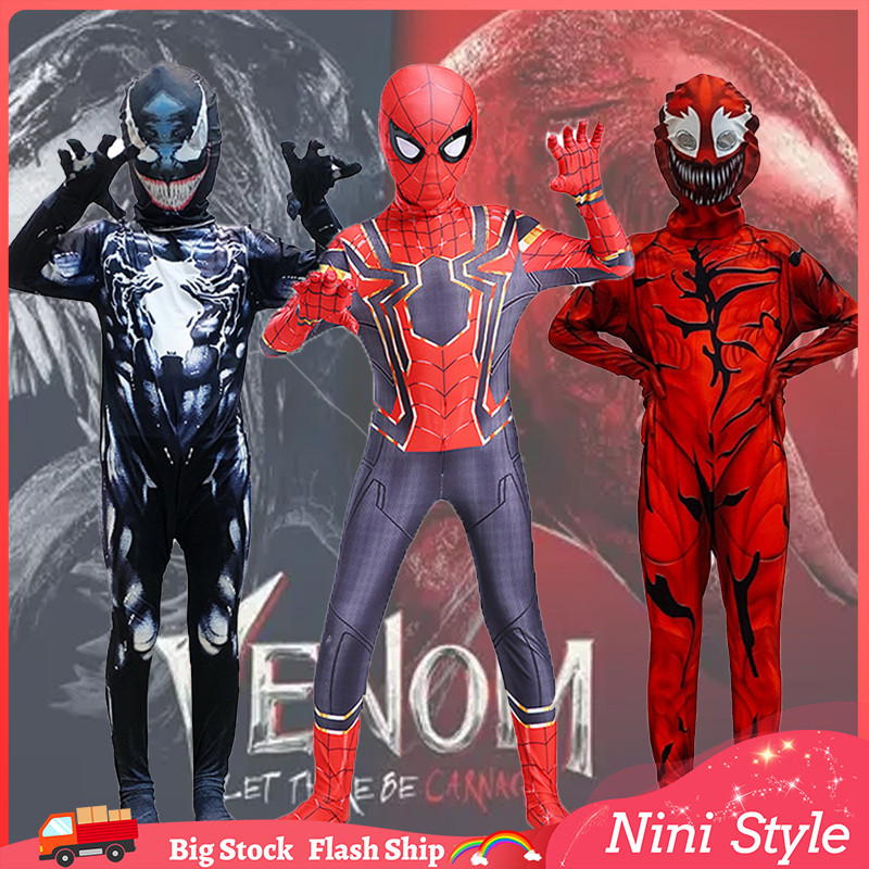 ใหม่ Venom 3 The Last Dance Red Venom Jumpsuit Tights SpiderMan Hero เครื่องแต่งกายบอดี้สูท Spandex สําหรับผู้ใหญ่ผู้ชายเด็กคอสเพลย์ Jumpsuit Zentai ชุด 3D สไตล์