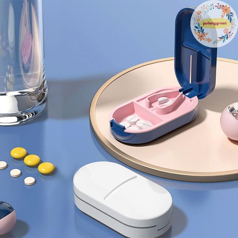 Pufanggreat 1 ชิ้นกล่องตัดยาแบบพกพากล่องยาแท็บเล็ต Splitter ยาผู้ถือยากล่องตัด Mini Multi-Functional Contrast สี TH