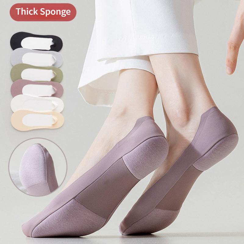 อีซีเอ็มเอ็น นุ่มสบายหนาฟองน้ําด้านล่างผู้หญิงผ้าไหมน้ําแข็งถุงเท้าเรือกันลื่นซิลิโคนส้นสูงกันกระแทกถุงเท้าที่มองไม่เห็น
