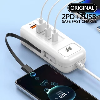 รางปลั๊กไฟ USB มัลติฟังก์ชั่น 66W ชาร์จเร็ว 4 พอร์ต Type-C + USB-C 5.1A PD ปลั๊ก 2 ช่อง ตัวแยกฮับ