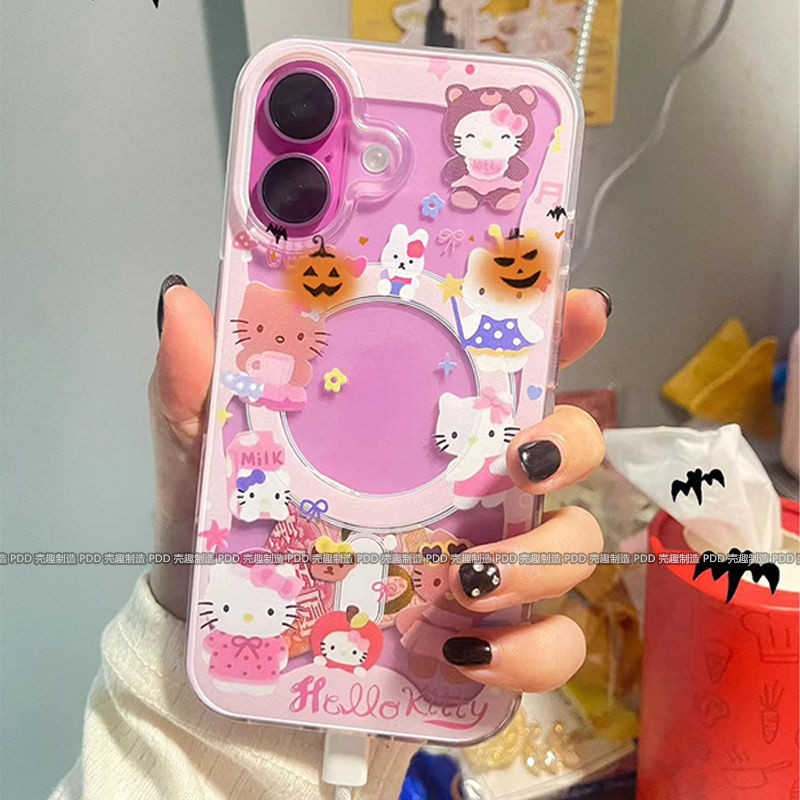 เคสแม่เหล็กฟักทอง Hello Kitty เหมาะสําหรับ iPhone16 เคสโทรศัพท์ 14/15promax โปร่งใส 13 นุ่ม 11/12 Shock-proof xr กรณี AEP4
