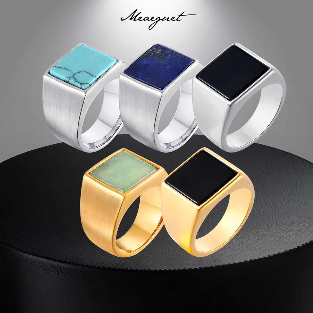 Meaeguet แหวนผู้ชายสแตนเลสสตีลรูปสี่เหลี่ยมประดับอัญมณี, แหวนทองคำ 18K หยก ลาพิส ลาซูลี และเทอร์ควอยซ์ ของขวัญสำหรับผู้ชาย