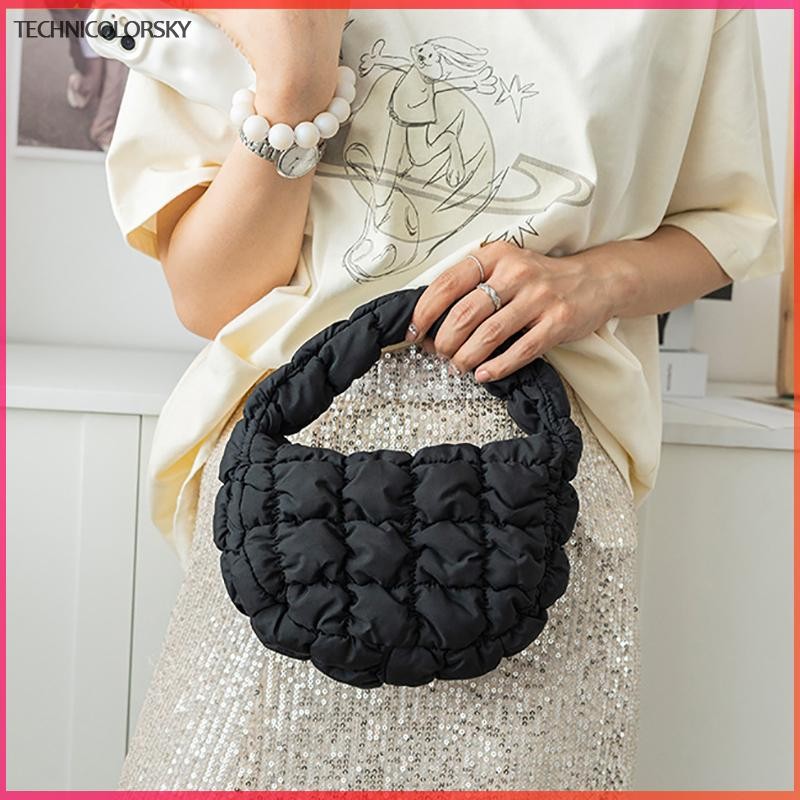 Technicolorsky แฟชั่น Mini Puffer Tote กระเป๋า Quilted วงกลมกระเป๋าโทรศัพท์ Elegant สีม่วงไนลอนนุ่มเบาะกระเป๋าแนวโน้มกระเป๋าถือ TSY