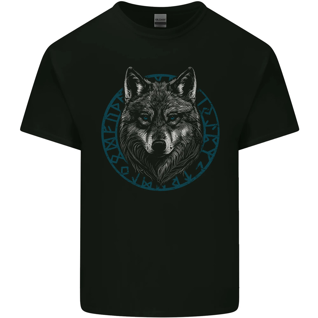 A Wolf In Viking Symbols ข้อความ Valhalla Mens Cotton T-Shirt Tee Top