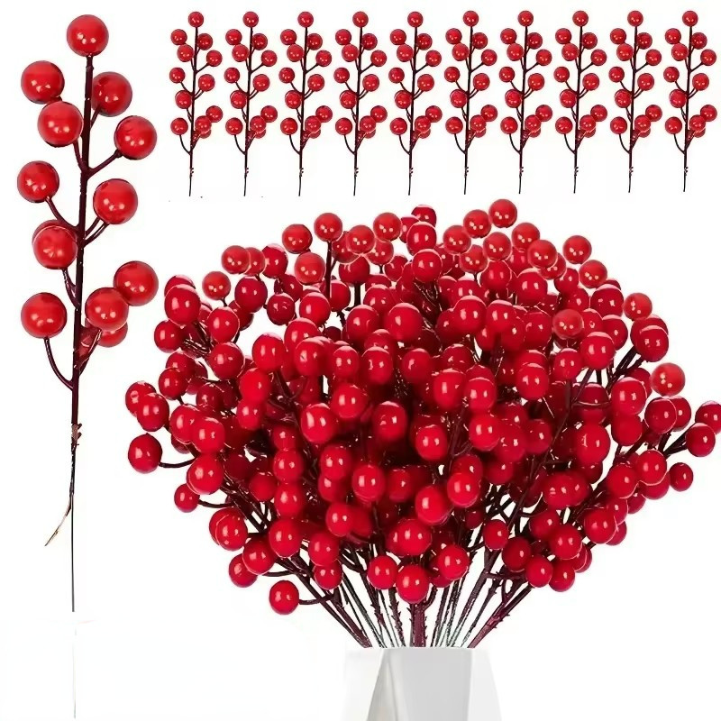 กิ่งพันธุ์เบอร์รี่ประดิษฐ์คริสต์มาส - 14 ต้น Holly Berry สีแดง - ช่อดอกไม้ปลอม - จี้พืชเชอร์รี่ผลไม้ดอกไม้ประดิษฐ์ - ของตกแต่งแขวนต้นคริสต์มาส