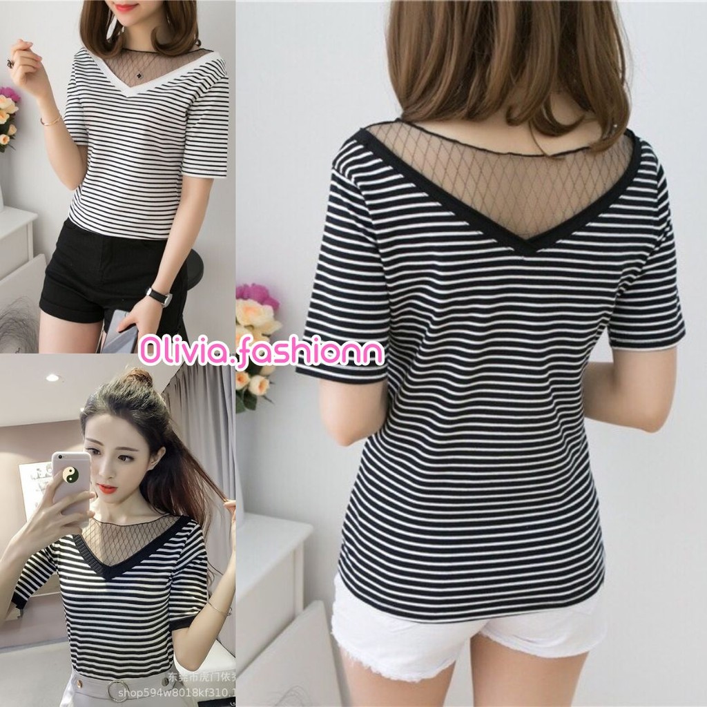 🦄Olivia🦄 เสื้อแฟชั่นคอวี ดีเทลตาข่ายที่คอ ผ้านิ่ม ใส่สบาย #Z99