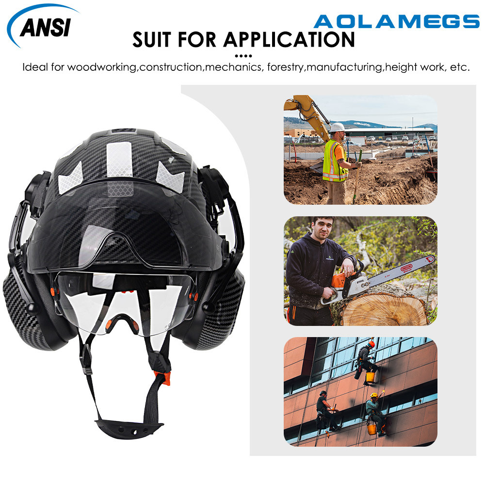 AOLAMEGS แว่นตาคู่คาร์บอนไฟเบอร์ความปลอดภัยหมวกคาร์บอนไฟเบอร์ปิดหูสติกเกอร์สะท้อนแสง CE ANSI
