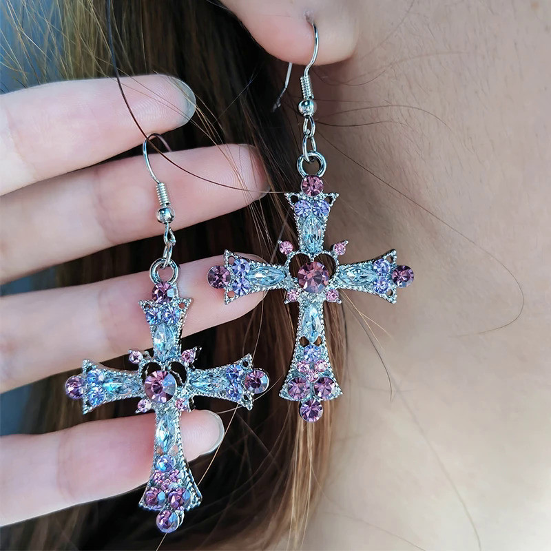 Gothic Pink Heart Cross Earrings Y2K Kpop Fashion Korean Style Earring for Women Grunge Egirl Earrin