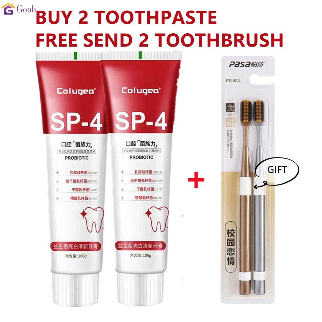 [ซื้อ 2 แถม 2] ยาสีฟันโปรไบโอติกไวท์เทนนิ่งพร้อมแปรงสีฟัน ขจัดคราบฟัน ลมหายใจสดชื่นยาวนาน ยาสีฟัน Sp-4 【goob】