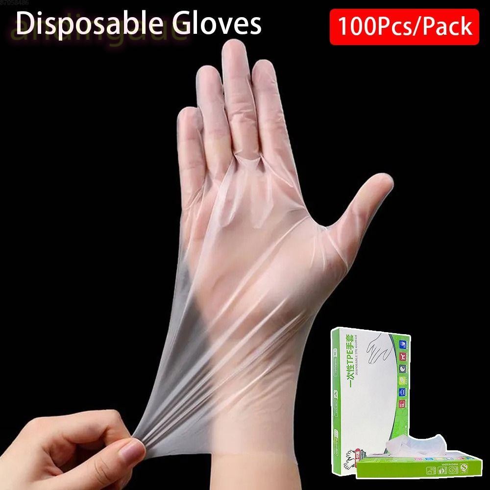 Andin ถุงมือทําความสะอาด 100 ชิ้น, ถุงมือแบบใช้แล้วทิ้ง TPE ความปลอดภัยในการทํางานกรด, ถุงมือฟรียางลาเท็กซ์กันลื่นเกรดอาหารโปร่งใส