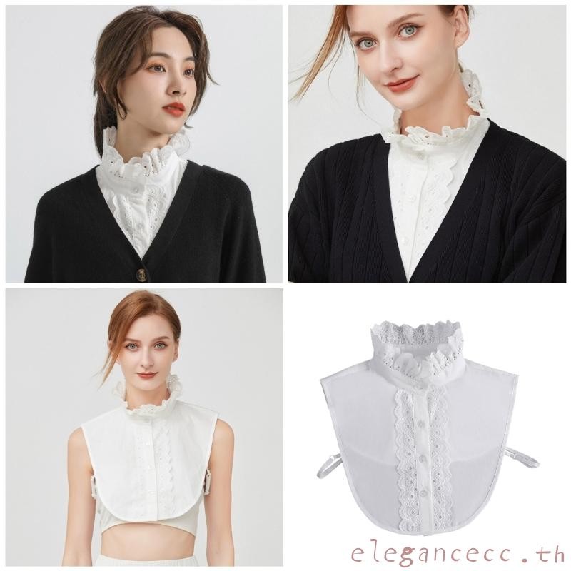 Elegan ผู้หญิงสีขาวปกปลอมที่ถอดออกได้เสื้อ Ruffled ลูกไม้ Patchwork False Collar ปุ่มครึ่งเสื้อ Layerin