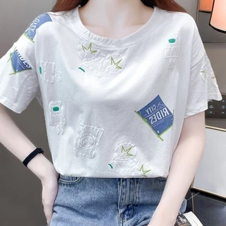 ส่งไวจากไทย⭐Summer⭐S-2XLเสื้อผ้าสตรี ins สไตล์ใหม่ หลวม ครึ่งแขน เสื้อยืด ⭐(ส่งภายใน 24 ชั่วโมง)⭐