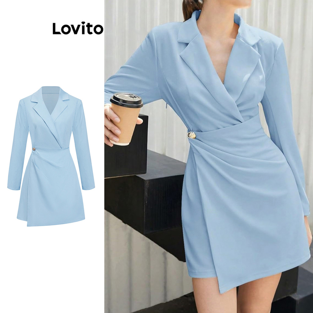 Lovito ชุดเดรสกระดุมธรรมดาไม่สมมาตรหรูหราสำหรับผู้หญิง L104ED281