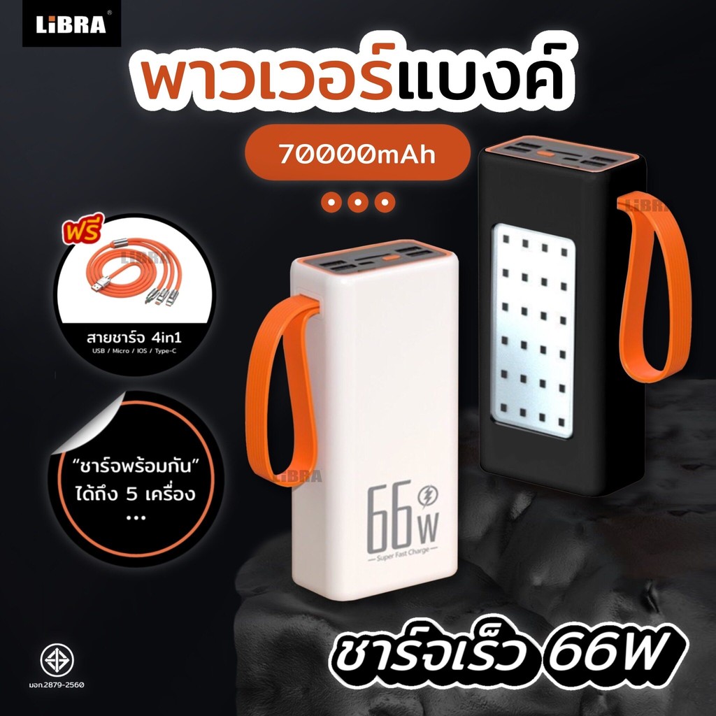 พาวเวอร์แบงค์ 70000mAh 66w ชาร์จเร็วพร้อมไฟ LED สามารถใช้แทนไฟตั้งแคมป์ แถม สายชาร์จเร็ว 4 ใน 1