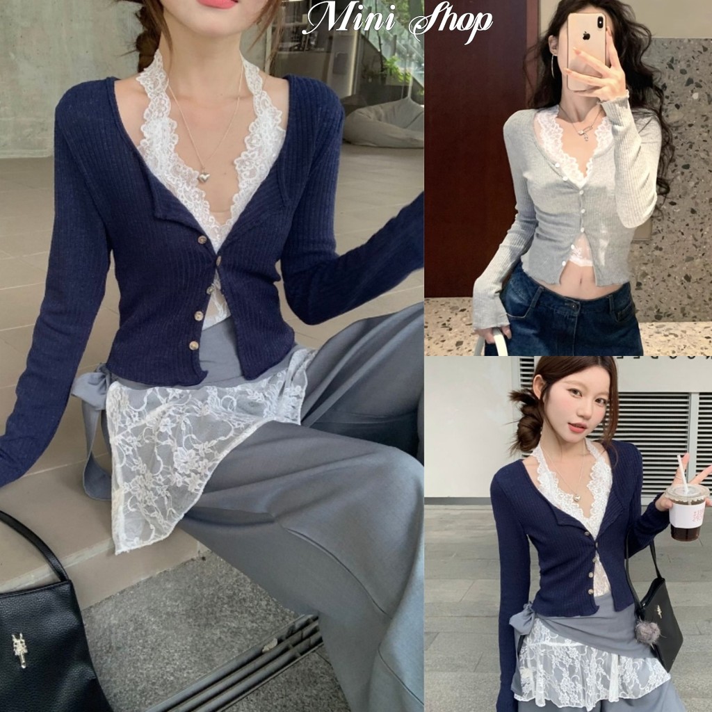 Mini shop🌸พร้อมส่ง🌸ไหมพรมคอวีแขนยาว สองชิ้นใส่ เกาหลีมาก สไตล์มินิมอล เสื้อแขนยาว เสื้อแขนยาว  เสื้อแขนยาว(Y6817)