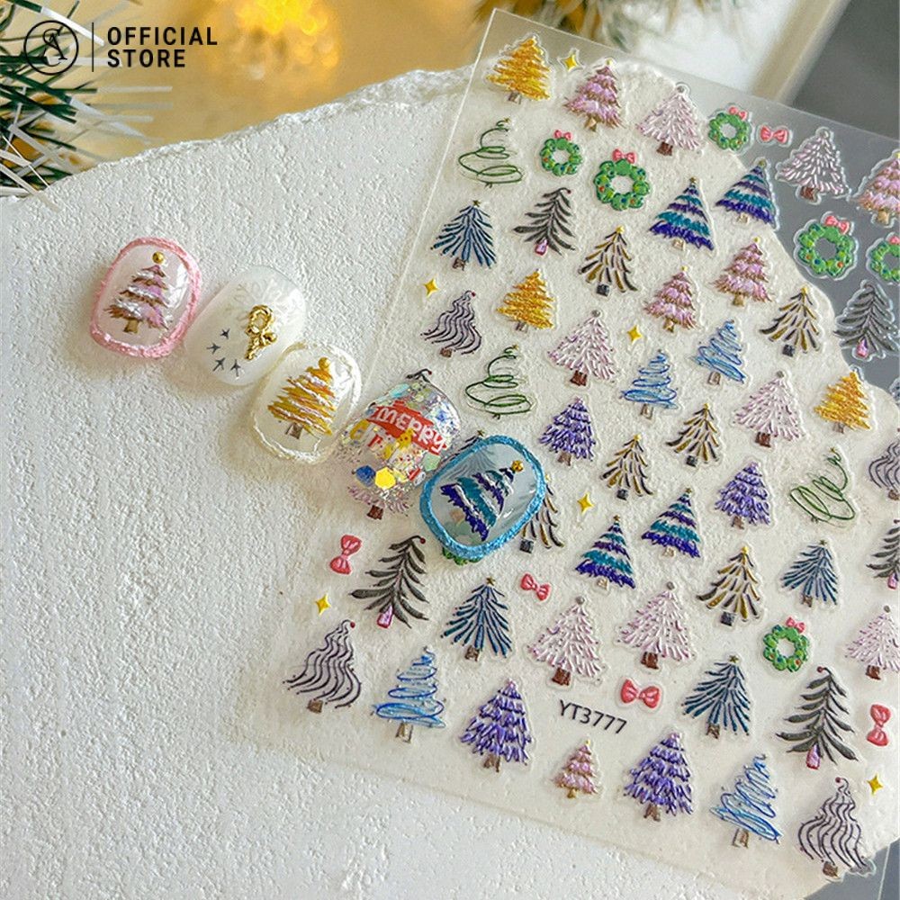 ต้นคริสต์มาสสีสันสดใส สติ๊กเกอร์เพ้นท์เล็บ ดาวสี่แฉก พวงมาลัยโบว์ นูน สติ๊กเกอร์ตกแต่งเล็บ