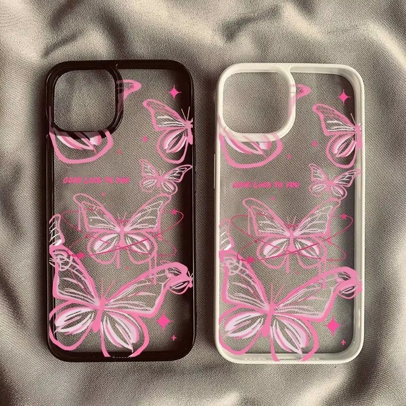 Ins สีชมพูผีเสื้อเคสโทรศัพท์สําหรับ IPhone 11 12 13 14 15 16 Pro Max 16 7 8 Plus XS X XR SE2020 ซิลิโคนกันกระแทกฝาหลัง
