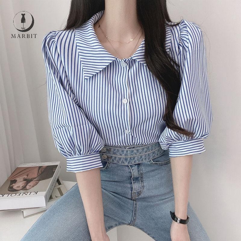 Marbit ฤดูร้อนเกาหลีลายเสื้อผู้หญิง Retro ปกพัฟแขนเสื้อลําลองหลวม ZHN