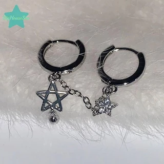 [BigHouseSea] 1pcs เงินสี Star Chain Double Ear Hole หูกระดูกเล็บ Y2K แฟชั่น Hottie ต่างหูผู้หญิงเครื่องประดับใหม่