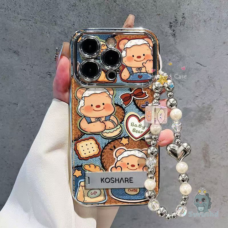 ปลอกสําหรับ ไอโฟน 11 16 15 14 13 12 มือโปร Xs สูงสุด 7 8 6 บวกน่ารักเด็กเนยหมีคุกกี้เคสโทรศัพท์ + เหลา + โซ่หรูหราชุบคมชัดหน้าต่างกันกระแทกฝาครอบป
