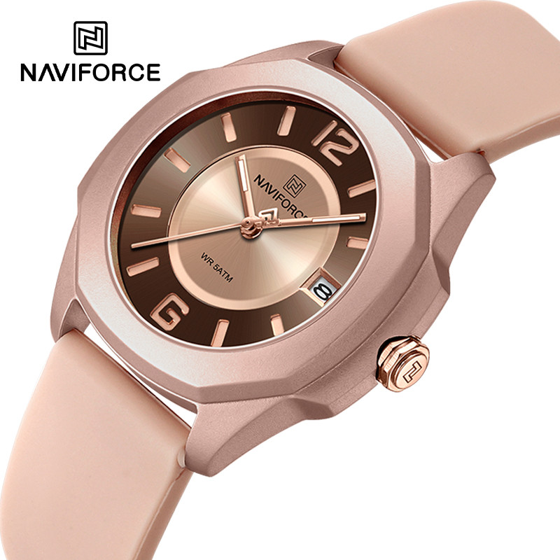 Naviforce NF7107 เทรนด์แบรนด์หญิง Casual Quartz ปฏิทิน Fumed Silica Band 50m กันน้ํานาฬิกาสุภาพสตรี