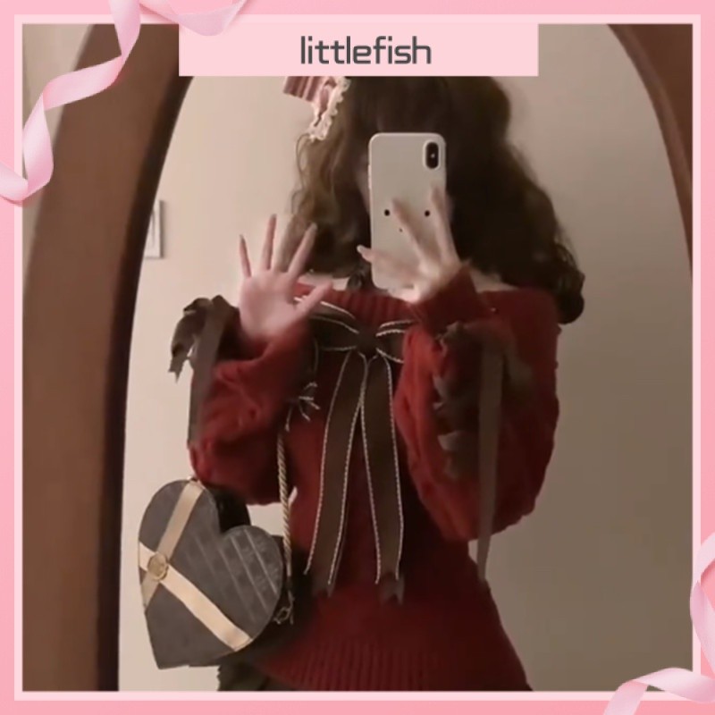 [Littlefish] เสื้อถักโบว์สีแดงสไตล์เกาหลีหวานและอ่อนโยนกระโปรงเอวสูงใส่แล้วดูผอมสูทสองชิ้นไซส์ใหญ่