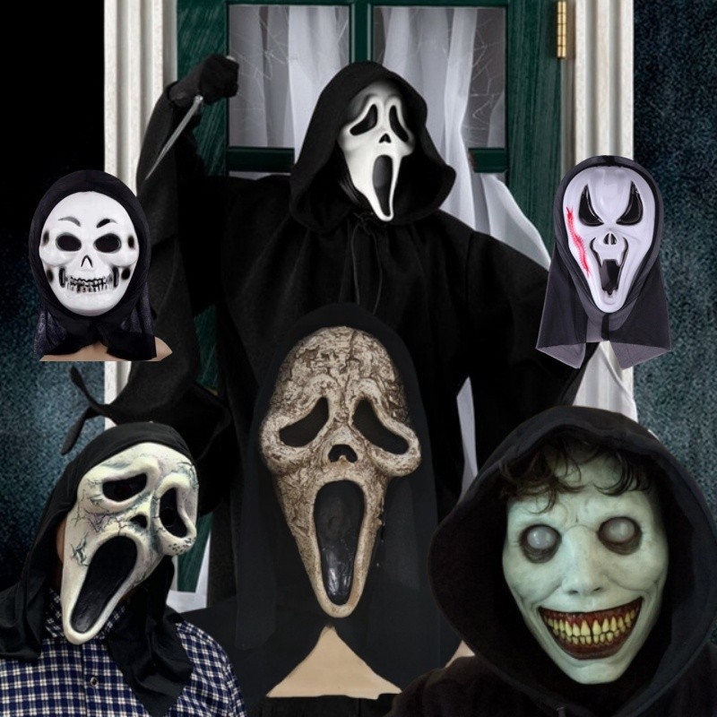 เทศกาลฮาโลวีน Ghost Scream Mask Party Scream Series Ghost Props Face Mask พร้อมผ้าสีดำ Hood น่ากลัวคอสเพลย์สยองขวัญตกแต่งหน้ากาก Yunni