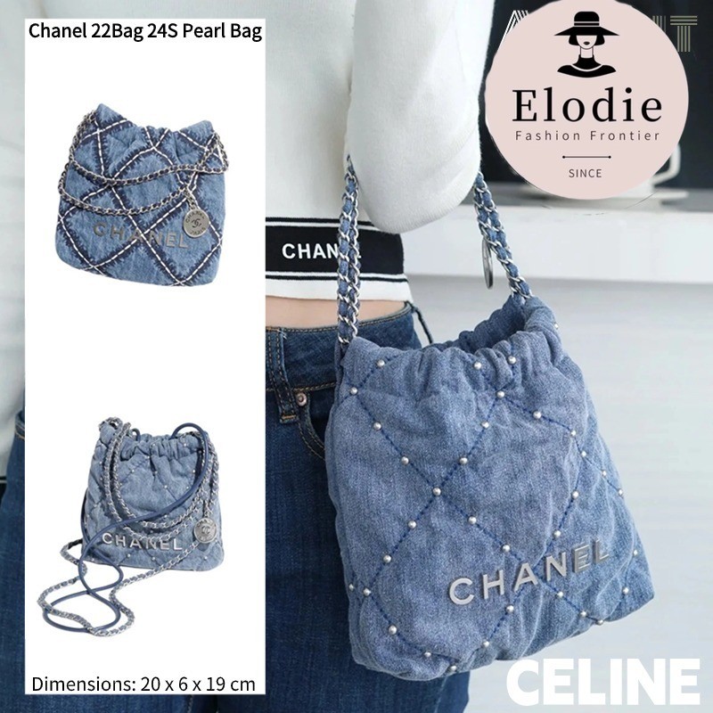 ชาแนล Chanel 22Bag 24S Pearl Bag กระเป๋าสะพายข้าง Mini Denim Blue