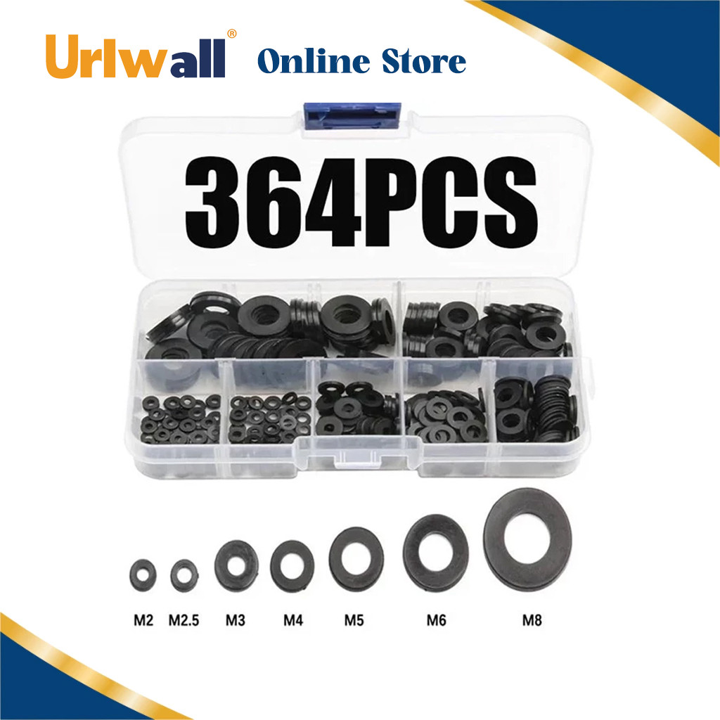 Urlwall ปะเก็นไนลอน 364ชิ้น [M2-M8] สำหรับเครื่องซักผ้า - แหวนรองฉนวนแบบแบน ทนสารเคมี พร้อมกล่องจัดเ