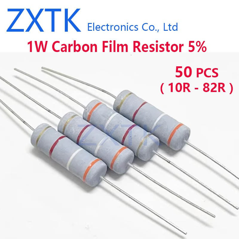 ใหม่ CHIP 50PCS 1W Carbon Film Resistor 5% สีแหวน 10-82 โอห์ม 10R 20R 30R 43R 51R 62R 68R 75R 82R ตั