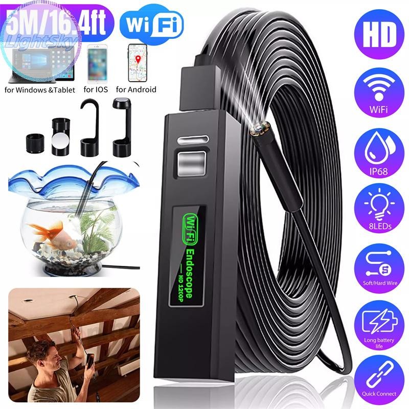 LightSky Wireless Endoscope WiFi Borescope กล้องตรวจสอบ 1200P HD IP68 กล้องงูกันน้ํา 8 LED สําหรับ Android IOS แท็บเล็ตพีซี TH