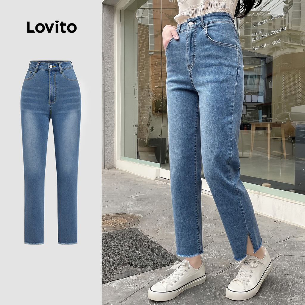 Lovito กางเกงยีนส์ทั่วไป กระเป๋า แยกด้านหน้า ขวัญแมว ตลอดปี สีฟ้า L139AD020