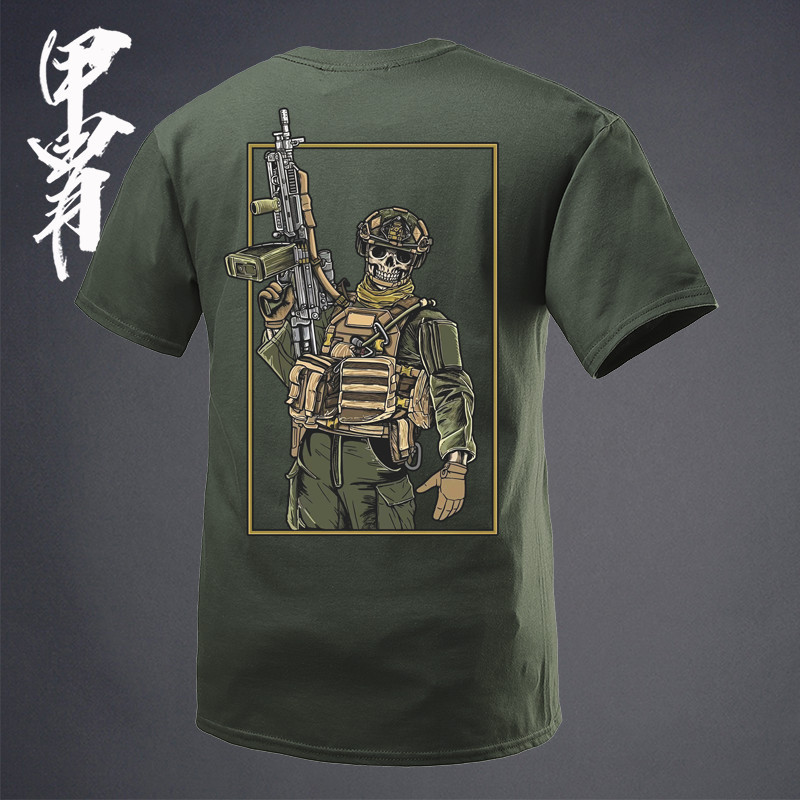 เสื้อยืดลายทหารช่างกลหนักแขนสั้นผ้าฝ้ายแท้สำหรับฝึกซ้อมกีฬากลางแจ้ง