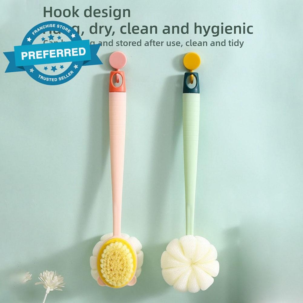 ฟองน้ําสีชมพูยาวผมนุ่มแปรงอาบน้ําสองด้าน I0y5 Scrubber กลับ E9p6 เครื่องมือขัดผิว Y1o5