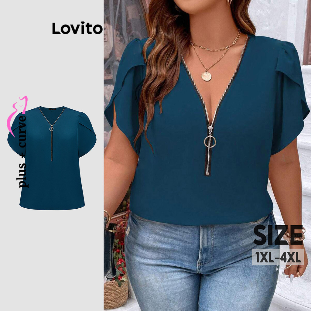 Lovito เสื้อเบลาส์สีพื้น ดีไซน์แต่งซิป สำหรับสาวอวบ สไตล์เรียบหรู สำหรับผู้หญิง LBL20142