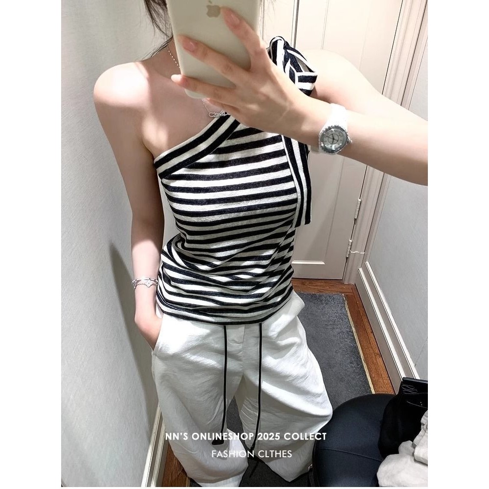 ไม่สม่ําเสมอ Destruction Sense สายคล้องไหล่เฉียงลายด้านบนฤดูร้อนลาย - รูปที่ 3