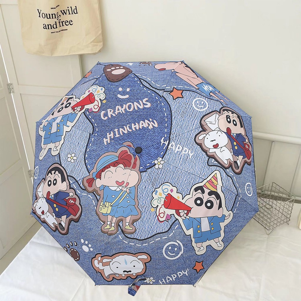 Denim Crayon Shin-Chan ร่มพับอัตโนมัติเต็มรูปแบบนักเรียน Dual-Use Sunny Rain Sun Umbrella Anti @