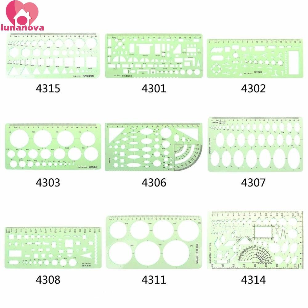 LUNANOVA Template Ruler Multi Shaped Oval Stencil โปร่งใสนักเรียนไม้บรรทัดเรขาคณิตสีเขียว