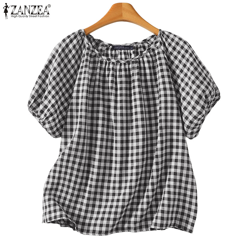 ZANZEA เสื้อเบลาส์หลวมสำหรับผู้หญิง สไตล์วินเทจเกาหลี พิมพ์ลายตารางหมากรุก