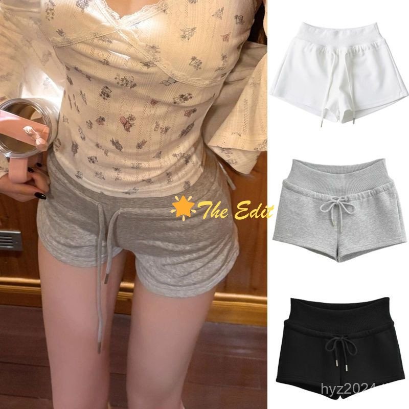 🌟พร้อมส่ง🌟กางเกงกีฬาขาสั้นสไตล์อเมริกันสำหรับผู้หญิง เอวสูงเชือกรูด ทรงเอเข้ารูป ใส่สบายในฤดูร้อน