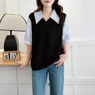 [พลัสไซส์] (40-150kg) ผู้หญิง ฤดูร้อน สองชิ้น ลายทาง คอปกโปโล เสื้อเบลาส์โอเวอร์ไซส์ เสื้อเชิ้ต แขนสั้น ทรงหลวม ชุดทำงาน