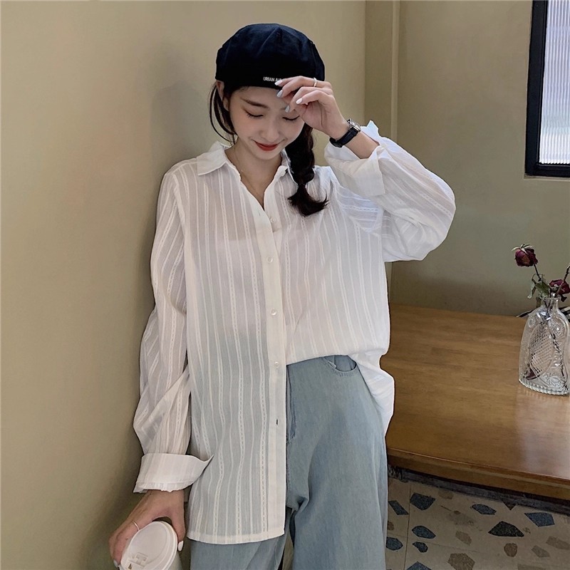 Bived S-XL เสื้อเชิ้ตผู้หญิง แขนยาว เสื้อยืด สีขาว ทรงหลวม สไตล์คนดัง