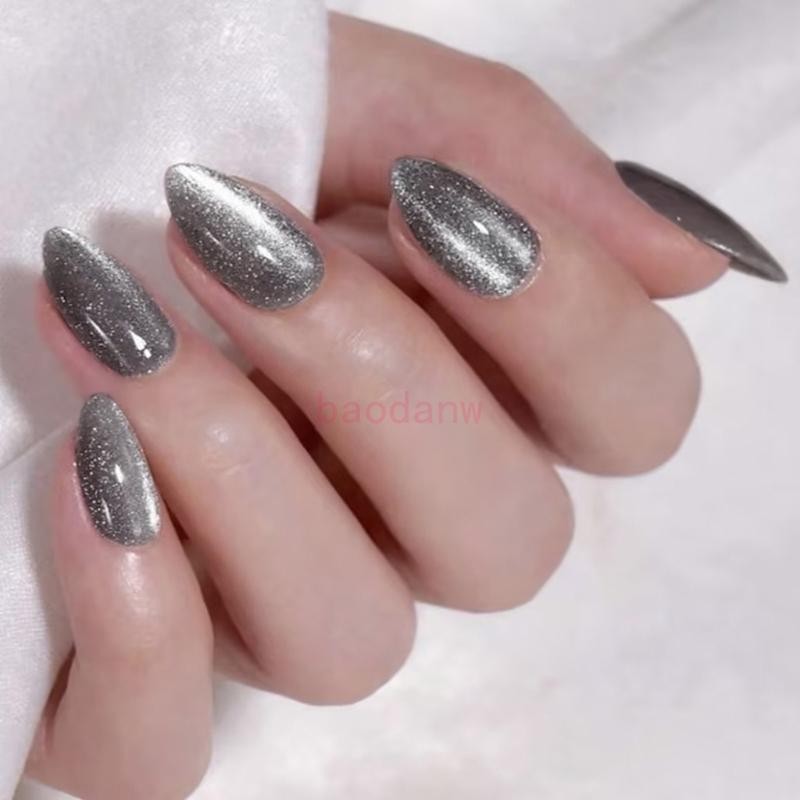 BDW Almond Press on Nail Cats Eye เล็บปลอมพร้อมการออกแบบกาวคลุมทั้งหมดบนเล็บ