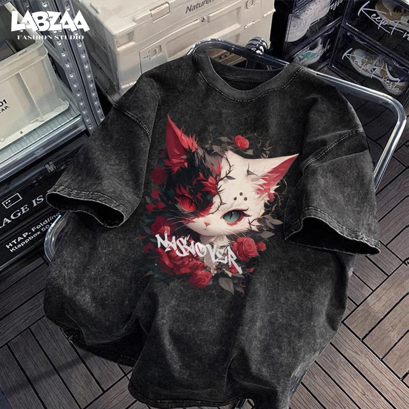 เสื้อยืดแขนสั้นคอกลม🔥วินเทจฟอกน้ำ ลายพิมพ์แมวสุดคูล oversize ระบายอากาศ ผ้าคอตตอน 100% YG2693