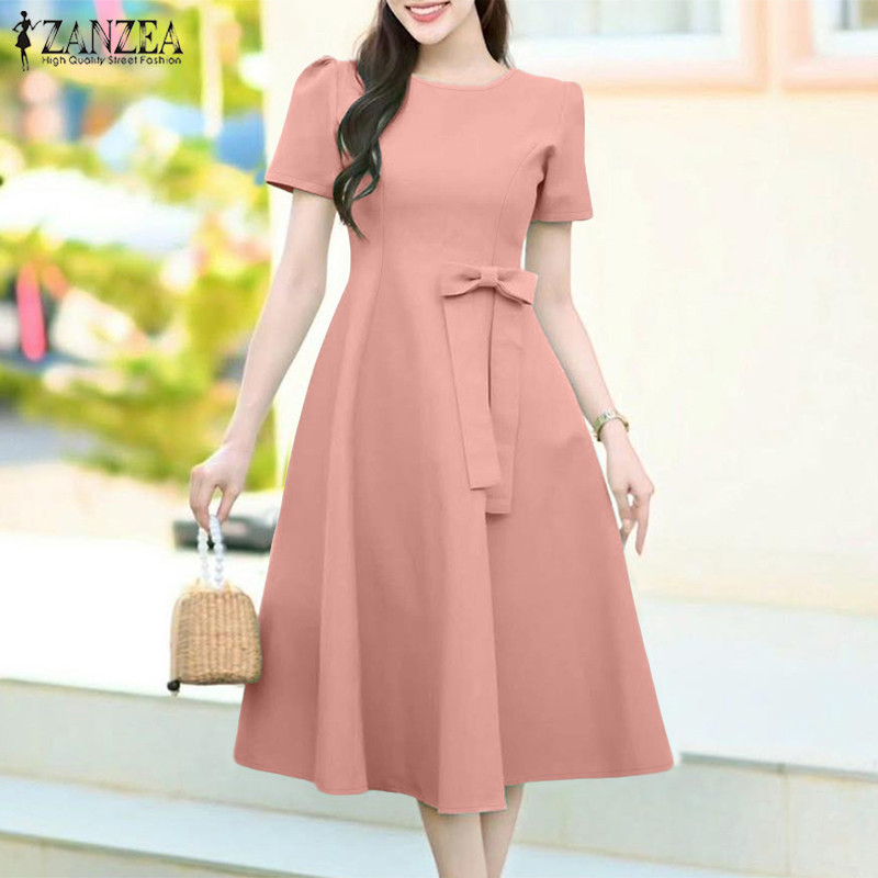 ZANZEA ชุดเดรสแขนพัฟคอกลมสไตล์เกาหลีสำหรับผู้หญิง กะบุBowknot ดีไซน์รวมเอวแบบA-Line — صورة 5